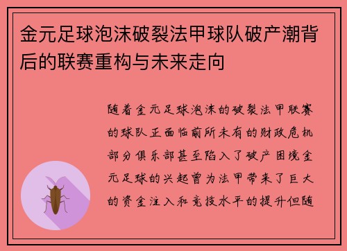 金元足球泡沫破裂法甲球队破产潮背后的联赛重构与未来走向