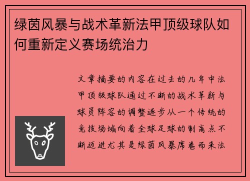 绿茵风暴与战术革新法甲顶级球队如何重新定义赛场统治力