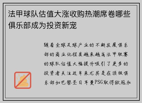 法甲球队估值大涨收购热潮席卷哪些俱乐部成为投资新宠