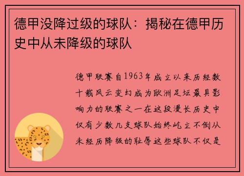 德甲没降过级的球队：揭秘在德甲历史中从未降级的球队