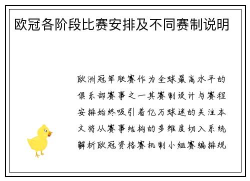 欧冠各阶段比赛安排及不同赛制说明